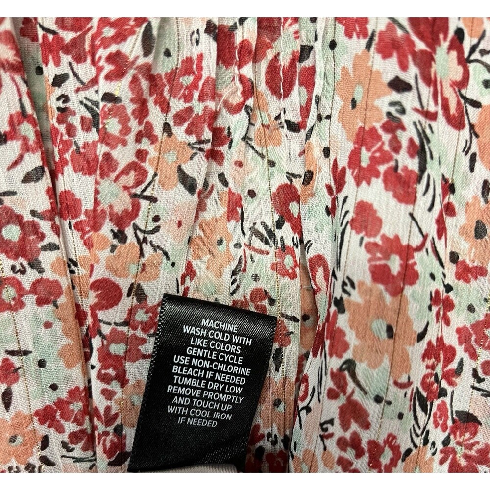 Torrid Floral Sheer Blouse 3X Red Button Up Long Sleeve Gold Stripe Boho Top - Picture 10 of 11